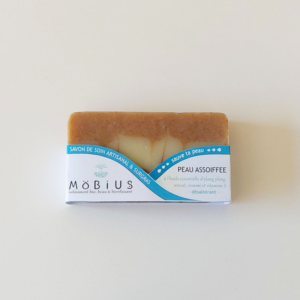Savon Peau Assoiffée emballé avec bandeau MöBiUS Cosmétiques, savon surgras pour peaux sèches fabriqué près de Lille