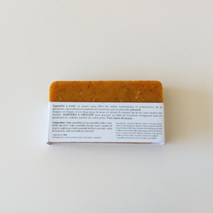 Savon Agrumes & Urucum surgras emballé vu de dos avec étiquette ingrédients et informations produit