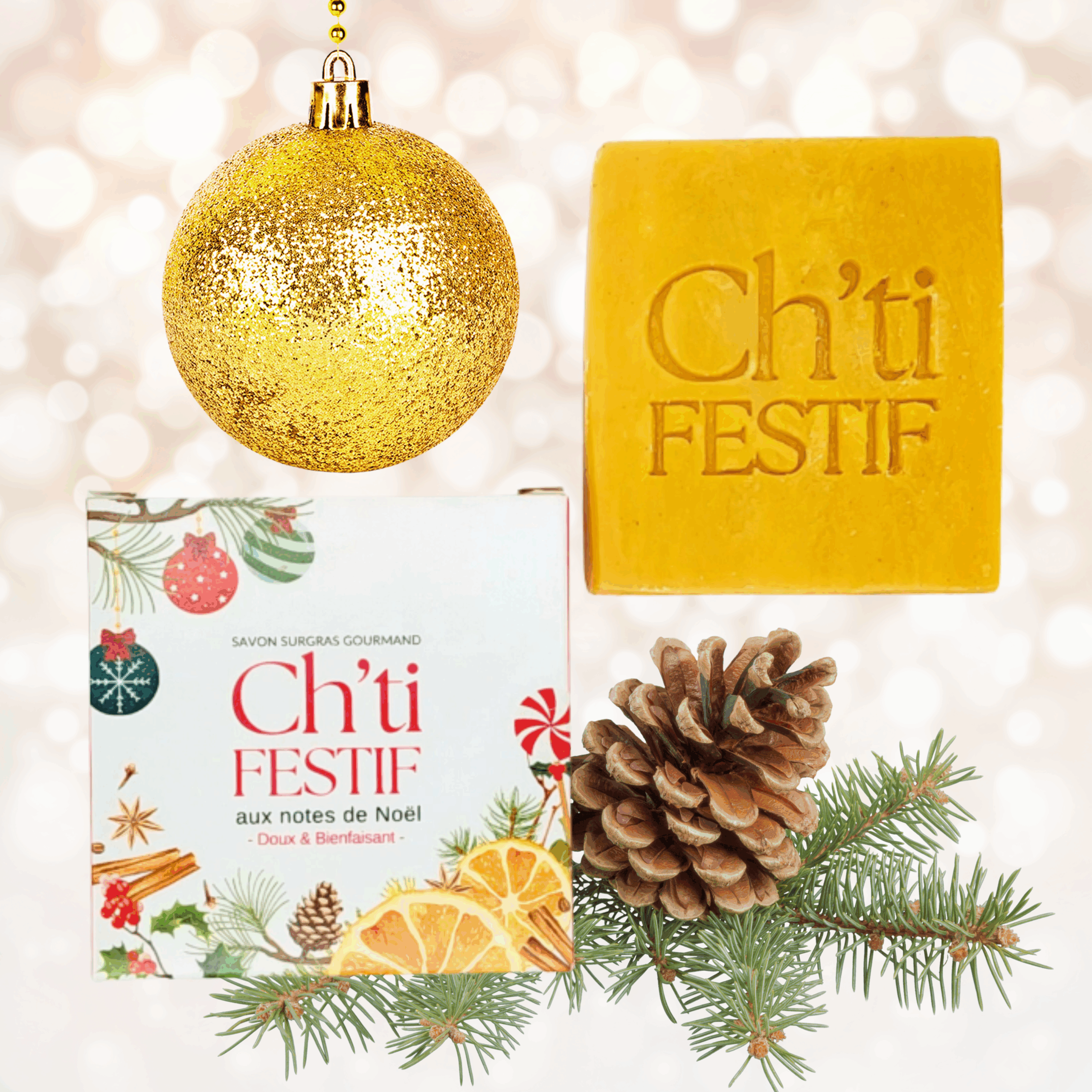 Savon Ch'ti Festif avec boîte imprimée à gauche et savon orange épicé à droite