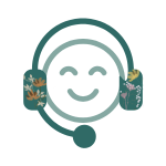 Icône d’un visage souriant avec casque micro, en vert clair et vert foncé MöBiUS, orné d’un motif floral – service client chaleureux