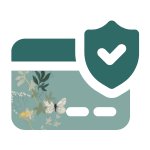 Icône de carte bancaire avec logo “validé”, dans les tons verts MöBiUS avec un motif floral – paiement sécurisé